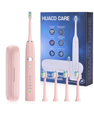 HUACO CARE Sonic Electric Toothbrush 5 Modes 3 Intensities with 2 Minutes Timer One Charge for 90 Days Rechargeable Toothbrush Wireless Charge with 4 Replacement Brush Heads for Adults and Kids Pink