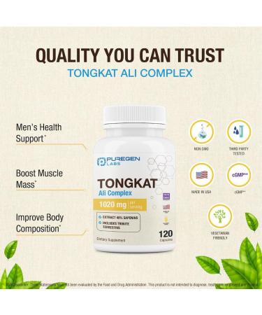 Puregen Labs Tongkat Ali Extract 200 to 1 for Men 1020mg per Serving High Potency Total 240 Capsules - Men's Health Support with 20mg Tribulus Terrestris | Non-GMO Gluten Free Made in USA - Buy Online on GoSupps.com
