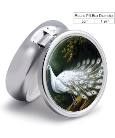 Round White Peacock Print Pill Box - 3 Compartment Decorative Metal Pill Organizer | Portable Pocket Medicine Case - Style-2 - Buy Online on GoSupps.com