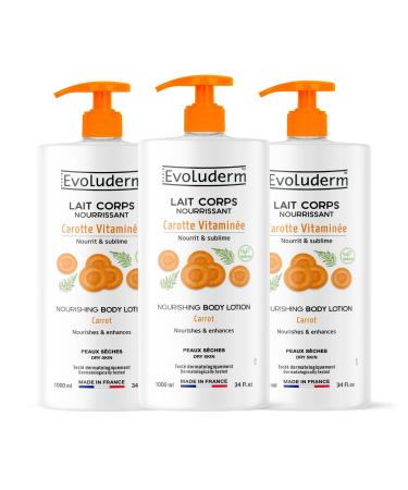 EVOLUDERM - Lait Corps Nourrissant Carotte Vitamin e - 1000 ml - Ingr dients d'Origine Naturelle - V gan - Fabrication Fran aise - Lot de 3 x 1000ml