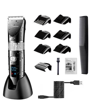 Hatteker Professional Hair Clipper Cordless Clippers Hair Trimmer Beard Shaver Electric Haircut Kit Ceramic Blade Waterproof Rechargeable Battery LED Display for Men and Family Use Black 12 Piece Set