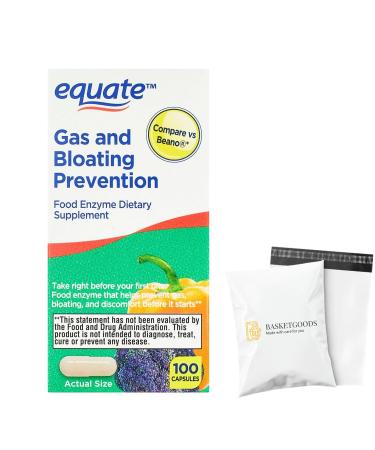 Equate Gas and Bloating Relief Prevention Food Enzyme Dietary Supplement Capsules 100 Count (Pack of 1) - Set by Basket Goods