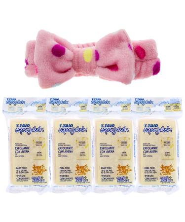 T. Taio Esponjabon Skin Lightening Oatmeal Exfoliating Soap Sponge (Avena) Pack of 4 Bundle with Premium Penguin Spa Bow Headband(s)- Designs May Vary. Perfect for Valentine's Day.