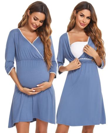 Sykooria Women's Breastfeeding Dress Cotton Soft Nursing Nightdress 3/4 Length Sleeves Maternity Nightdress Labour Nightgown for Hospital and Home A - Blue XL - Buy Online on GoSupps.com