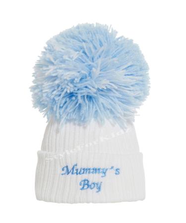 Soho Fashions Luxury British Made Baby Boy Mummys Boy Daddys Boy Cute Decorative Frilly Knitted Pom Pom Newborn Baby Hats L Mummys Boy (White Blue)