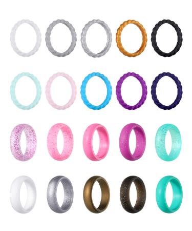 Hicarer 20 Pieces Silicone Wedding Ring for Women, Thin Stackable Silicone Ring Wide Glitter Rubber Wedding Bands for Wedding Sport Supplies 7 (17.3 mm)