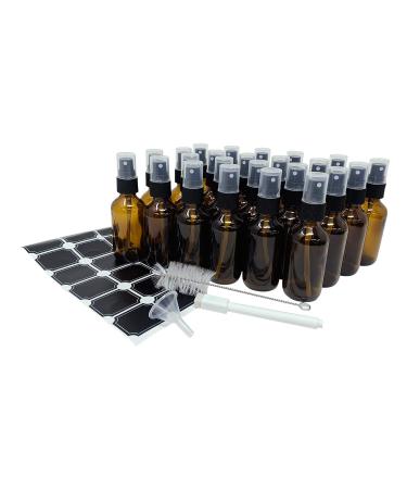 Nevlers 24 Pack Amber 2 Oz Glass Spray Bottle | The Amber Misting Glass Bottles Includes Sprayers & a Funnel and Brush with Bonus Labels to Easily Identify It's Contents