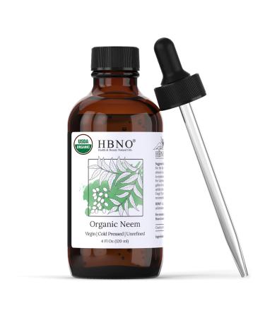 HBNO Organic Neem Oil - 4 oz (120ml) Value Size - Ideal for Face wash Lotions Skincare and Hair Care Products (Glass Bottle) Organic Neem 4 Fl Oz (Pack of 1)