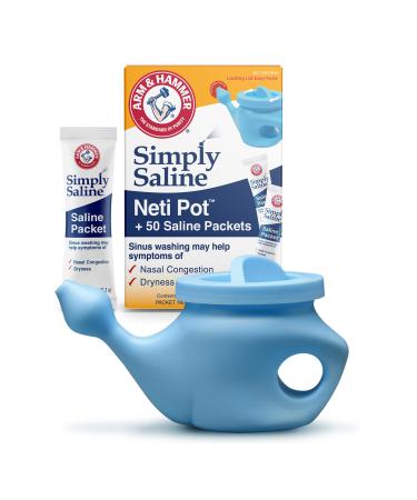 GuruNanda Arm & Hammer Neti Pot with 50 Salt Packets, Nasal Rinse Kit for Sinus Wash, Helps Relieve Nasal Congestion & Irritation, Allergy Relief, & Dryness, BPA-Free, Adults & Kids, Blue(240 ml) Neti Pot with Saline Packets
