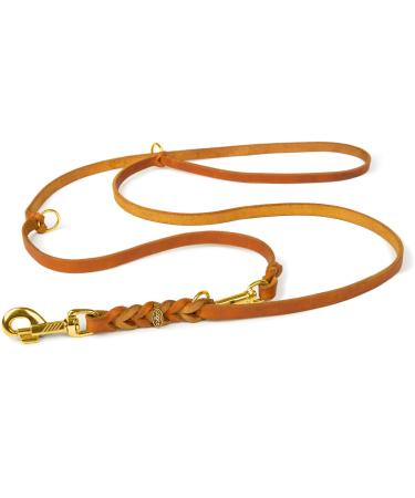 COPCOPET-fat leather line for dogs-3-way adjustable dog leash made of soft leather with carabiners & fittings made of brass-braided leash 100% handmade in Germany (2.40 m x 18mm | Cognac) 2.40 m x 18 mm cognac