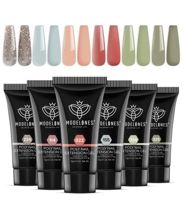 Modelones 6 Colors Poly Nail Gel Set, 2023 Spring Sunny Poly Nail Extension Gel Colors Tubes Kit Glitter Pastel Nude Coral Green Light Blue Neutral Collection All Seasons Professional Manicure Salon at Home A1-Sunny Daze