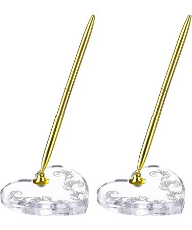 2 Sets Acrylic Heart Pen Holder With Ink Pens Signing Pen Set Guest Book Accessories For Wedding Bridal Engagement Favors Opening Ceremony Graduation Parties Office Transparent Pen Display Stand