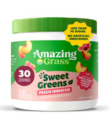 Amazing Grass Sweet Greens and Superfoods Powder for Digestive Health Greens Powder Digestive Enzymes Probiotics Spirulina Chlorella Peach Hibiscus 30 Servings Peach Hibiscus 30 Servings (Pack of 1)