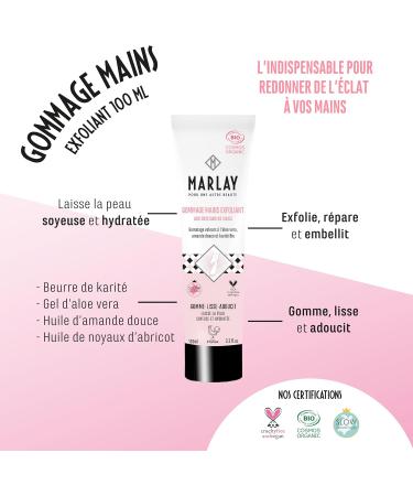 Marlay Cosmetics - Exfoliating Hand Scrub 100 ml - Hand Peeling - Organic Exfoliating Cream Hand Care - Aloe Vera Shea Butter Silica Crystals - Dry Skin - Made in France - INCI 17.2/20 - Buy Online on GoSupps.com