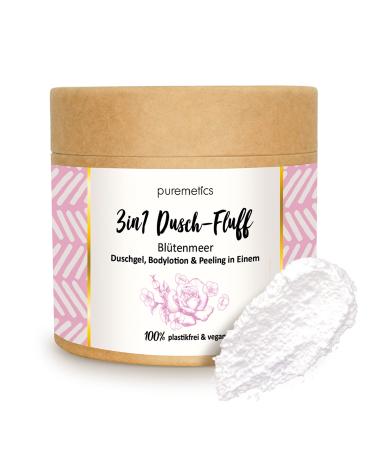 puremetics 3in1 shower fluff sea of flowers with sugar peeling 250 g shower gel peeling and lotion in one vegan & plastic-free