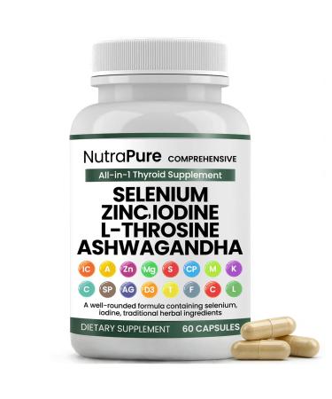 NutraPure Thyroid Support - Thyroid Support for Women & Men | Selenium Iodine L Tyrosine Ashwagandha Bladderwrack Turmeric Kelp Schisandra Zinc - 60 Capsules (1 Bottle)