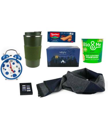 Gentleman's Morning Essentials Gift Box Hamper English Breakfast Tea Porridge Alarm Clock Biscuits Warm Scarf Cufflinks and Flask- Curated Elegance Gift Box - Buy Online on GoSupps.com