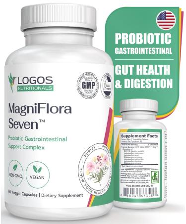 logos nutritionals MagniFlora Seven Probiotic 5 Billion CFU - 60 Vegan Capsules 7 Strain Blend for Digestive Health Immune Boost Probiotic Supplements for Men & Women