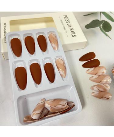 Medium Almond Press on Nails - Brown Matte with Gold Line Designs | 24PCS Full Cover Reusable Fake Nails for Women & Girls - Buy Online on GoSupps.com