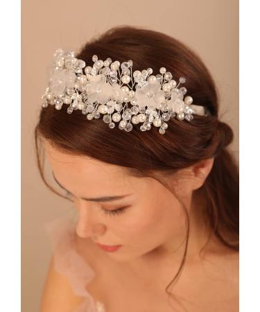 Kercisbeauty Clear Flower Silver Hair Tiara for Women Girls Wedding Bridal Pearl Hair Crown Princess Banquet Hair Accessories