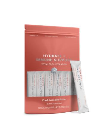 Isagenix Hydrate + Immune Support with Whole-Food Sourced C D Vitamins - Superior Hydration with 1625+ mg of Essential Electrolytes - No Added Sugar Peach Lemonade Flavor 0.2 oz Sticks 24 Servings