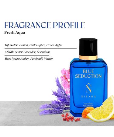 Nisara Blue Seduction Perfume For Men 50 ml | Long Lasting Eau De Parfum | Premium Perfume | Fresh-Aqua Aromatic Fougre Amber Fragrance | With Lemon Green Apple Patchouli| EDP Scent for men - Buy Online on GoSupps.com