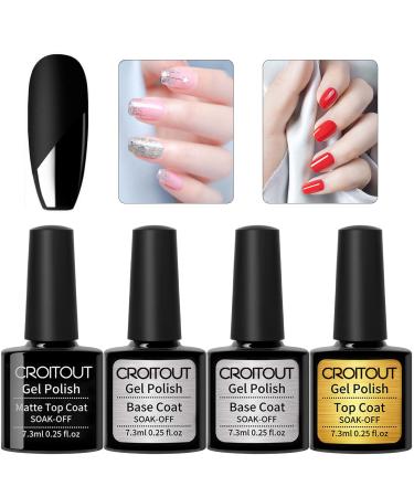 Croitout Gel Base and Top Coat Sets UV LED Shellac Top Coat and Base Coat No Wipe Matte Top Coat Gel Polish Soak Off Top and Base Coat Gel Polish Set Long Lasting Shiny High Gloss Finish 4 x 7.3ml UK-4MBT-002 7.3 ml (Pack of 4)