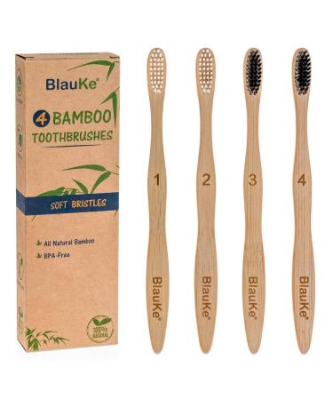 BlauKe Bamboo Toothbrushes Soft Bristles 4-Pack Biodegradable Sustainable Natural Eco-Friendly Black Charcoal Wooden Toothbrushes