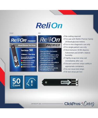 ReliOn Premier Blood Glucose Test Strips 50 Ct Bundle with Diabetes Eating Guide & Pill Container - 3 Item Set - Buy Online on GoSupps.com