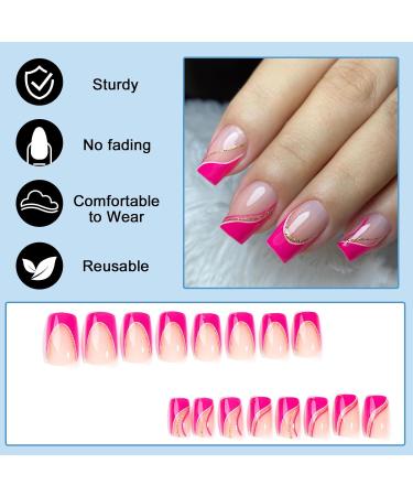 24 Pieces Short Press On Nails - Rose Red Angular French Acrylic Full Cover with Gold & White Lines | Perfect Fake Nails for Women & Girls - Buy Online on GoSupps.com