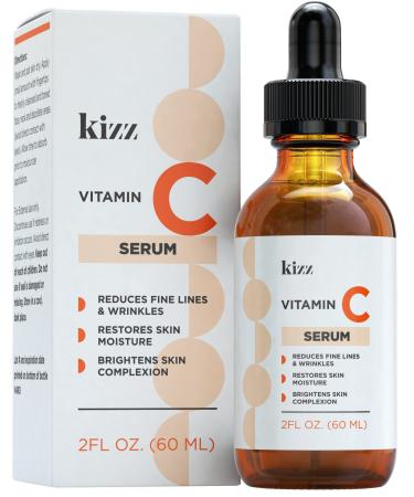 KIZZ Vitamin C Serum - Facial Skin Care Formulated with Hyaluronic Acid, Vitamin E, Aloe, Jojoba Oil & Witch Hazel - For Brightening & Moisturizing Skin - Helps Lift Fine Lines, Wrinkles - 2 fl. Oz