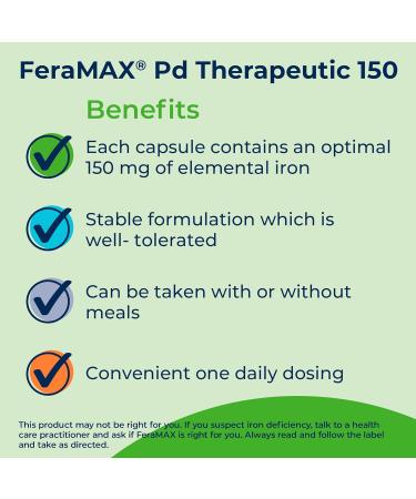 FeraMAX Pd Therapeutic 150 Iron Supplement - Once Daily High Dose Iron Supplement No.1 Recommended Treatment for Iron Deficiency Anemia - 150mg of Elemental Iron per Capsule 30 Capsules 30 count (Pack of 1) - Buy Online on GoSupps.com