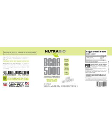 NutraBio BCAA 5000 Powder - Fermented Branched Chain Amino Acids for Muscle Growth & Recovery - Natural Flavors Sweeteners and Coloring Vegan Gluten Free - Unflavored 60 Servings - Buy Online on GoSupps.com