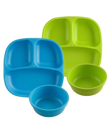 Re-Play Made in USA 4pk Starter Dining Set of 2 Divided Plates with 2 Matching Bowls in Sky Blue and Lime Green. Made from Eco Friendly Heavyweight Recycled Milk Jugs - virtually Indestructible! Lime Green/Sky Blue