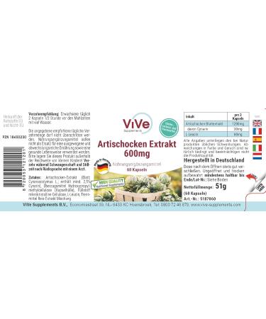 Artichoke Extract 600 mg - Vegan Capsules (60) | Standardized 2.5% Cynarin | High Quality from Germany - Vive Supplements - Buy Online on GoSupps.com
