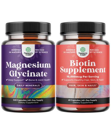 Bundle of Pure Magnesium Glycinate Supplement 400mg Per Serving for Mood Sleep & Relaxation Support and 10000 mcg Pure Biotin Pills - Promotes Thicker & Fuller Hair - Get Clear Skin Strong Nails