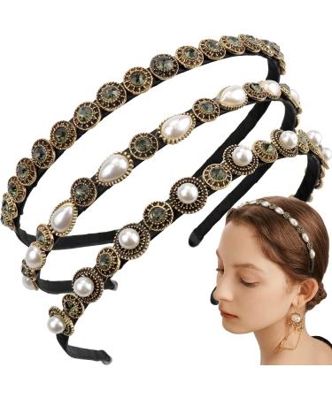 NAIHOD 3 Pcs Pearls Rhinestones Thin Headbands for Women Girls Luxury Vintage Hair Bands for Women's Hair with Cloth Wrapped Metal Hair Hoop Baroque Headpiece Elastic Head Bands