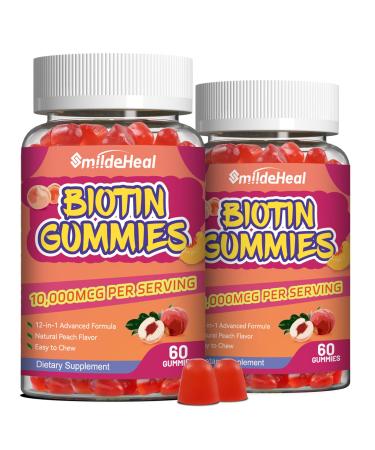 2 Pack Biotin Gummies for Hair Growth 10000 mcg Hair Skin and Nails Gummy with Folic Acid Vitamins A B C E & D Vegan biotin Vitamins for Women & Men 120 Gummies 60 Count (Pack of 2)