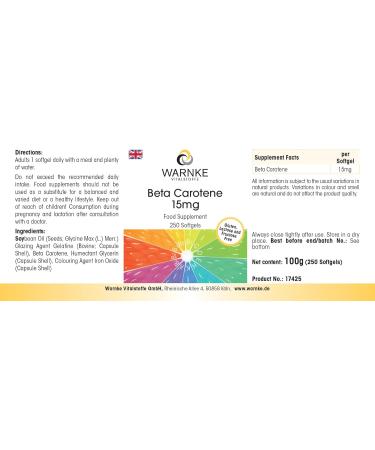 B ta-carot ne 15mg - 250 g lules - 15mg par g lule (correspond 25 000 UI) - Provitamine A - HAUTEMENT DOS - Qualit pharmaceutique allemande | Warnke Vitalstoffe - Buy Online on GoSupps.com