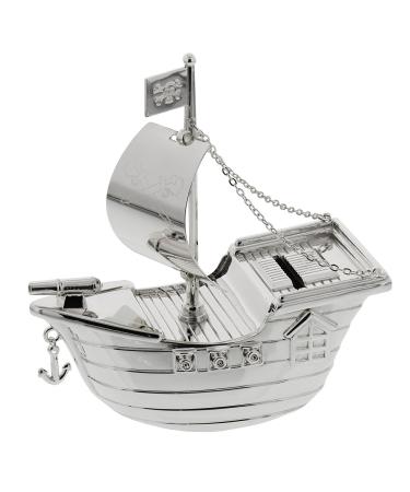 Personalised Silver Plated Money Box - Pirate Ship - Engraved with a message of your choosing making this a great christening or Birthday gift.