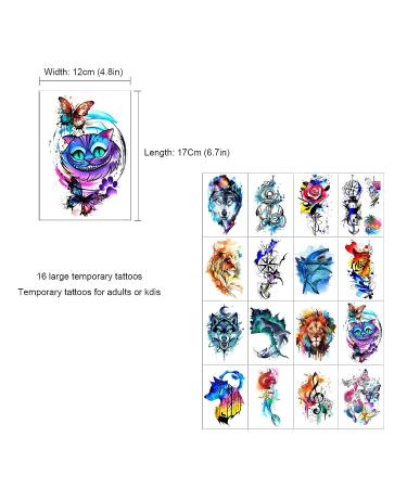 Watercolor Temporary Tattoos - Set of 48 Arm and Body Designs for Adults and Kids | Lion, Wolf, Mermaid, Cat, Tiger | Realistic and Waterproof Body Art for Women and Girls - Buy Online on GoSupps.com