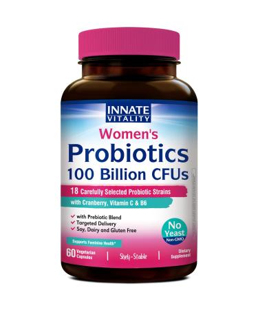 Innate Vitality Probiotics for Women 100 Billion CFUs 18 Strains Prebiotics and Probiotics with Cranberry Vitamin C & B6 P5P Vaginal & Digestive Health Non refrigerated 60 Caps