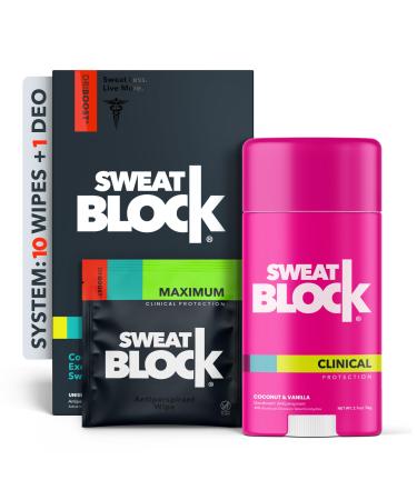 SweatBlock MAX STRENGTH Deodorant System for Women | Hyperhidrosis Aid for Excessive Sweating & Underarm Odor | 10 Wipes + 1 Coconut & Vanilla Deodorant Stick (2.7oz) Coconut Vanilla Deo/Wipe Bundle