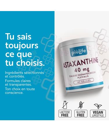 Astaxanthine Pure Haute Dose Pi Life 40 mg de Haematococcus Pluvialis 2 mg d Astaxanthine Naturelle Biodisponible Compl ment Antioxydant Puissant pour la Peau Vision Protection Cellulaire 180 g lules - Buy Online on GoSupps.com