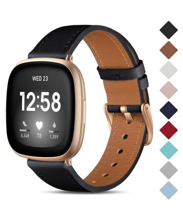 Cemika leather bracelet compatible with Fitbit Sense/Fitbit Versa 3/Fitbit Versa 4 bracelet original leather strap replacement tape with stainless steel closure compatible with Versa 3/Versa 4 bracelet for women men black/rose gold versa 3/scythe