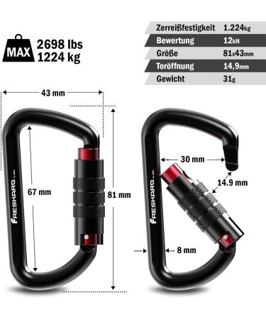 Freskaro 3-Inch Twist Locking Karabiner Clips | 12kN (1224kg) Heavy Load Rust-Free Ultra-Light 7075 Aluminum | Perfect for Hammocks Camping Keychains and Safe Dog Gear - Black - Buy Online on GoSupps.com