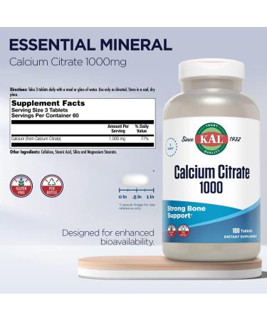 KAL Calcium Citrate 1000mg - High Potency Bone Health Supplement - 240 Tablets - Gluten Free - 60 Day Money Back Guarantee - Buy Online on GoSupps.com