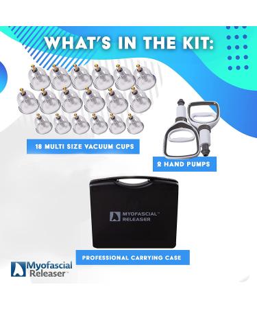 Myofascial Releaser Professional Cupping Therapy Set - 18 Multi-Sized Vacuum Cups with Hand Pumps and Cupping Book - Ideal for Massage Therapists - Buy Online on GoSupps.com
