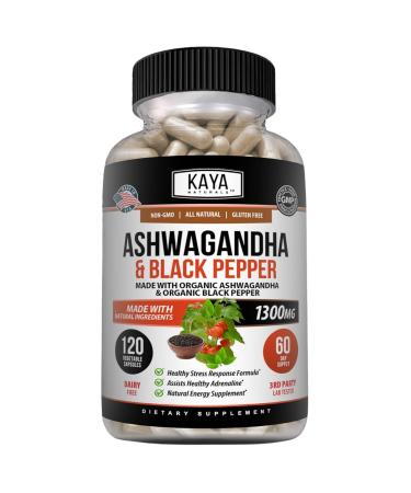 Kaya Naturals Ashwagandha 1300mg 120 Count Capsules for Stress Relief Adrenal Mood & Thyroid Support Black Pepper and 100% Pure Ashwagandha -120 Capsules 120 Count (Pack of 1)