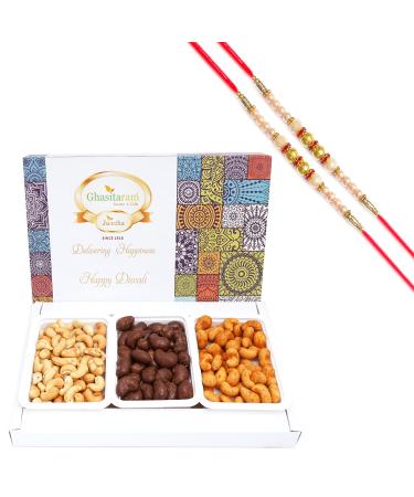 Ghasitaram Gifts Rakhi Gifts for Brothers Dryfruit - Assorted Festive Box of Cashews Chocolate Coated Cashews Crunchy Cashews and Roasted Cashews with 2 Pearl Rakhis Box of Cashew Choco Crunchy Roasted Cashew 2Rakhi